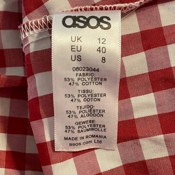 ASOS Tie Front Babydoll Dress Womens Size 12 Red White Gingham Bell Sleeves - Picture 6 of 9